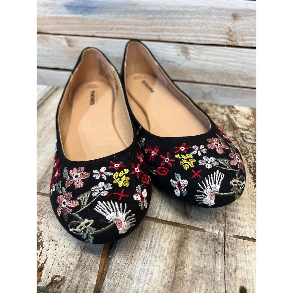 Sonoma Black Embroidered Floral Round Toe Ballet Flats Boho Folk 9.5 - Picture 2 of 9